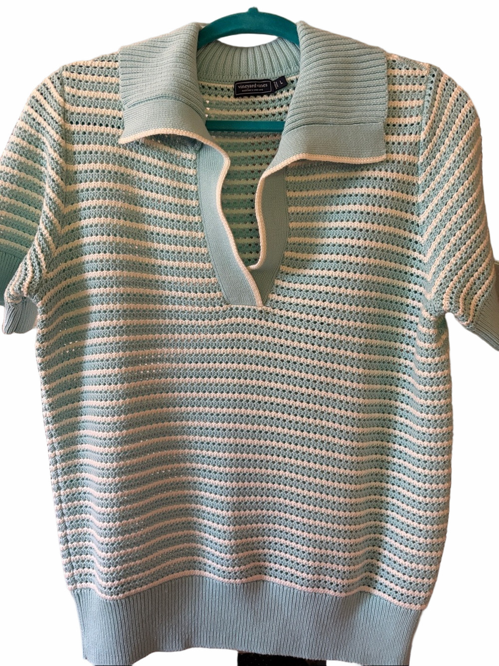 Vineyard Vines Preppy women’s open stich crochet aqua haze Polo sweater. L